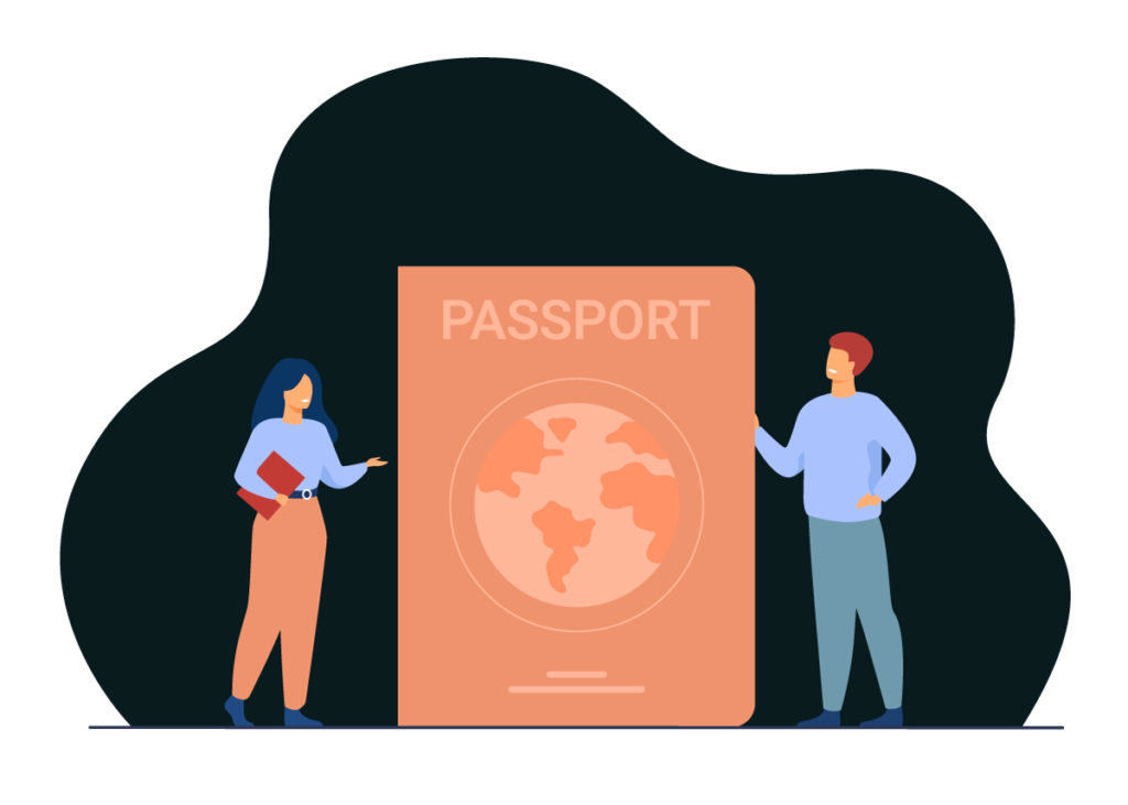 Deux personnes devant un passeport